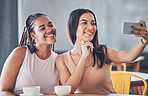 Women friends, coffee shop and phone for selfie, happy or solidarity with beauty on social network. Gen z black woman, smartphone and relax in cafe for blog, profile picture or photography on web app
