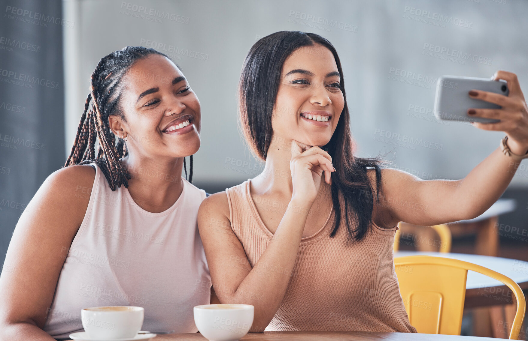 Buy stock photo Women friends, coffee shop and selfie with happy solidarity, beauty and social network. Gen z black woman, latte or matcha for energy, relax and cafe for blog, profile picture or photography app