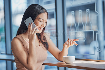Buy stock photo Woman, happy student and coffee shop with phone call, smile and digital communication for date. Young gen z girl, smartphone conversation and excited face in cafe with comic laugh, relax and contact