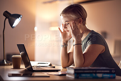 Buy stock photo Stress, business woman headache and computer work at night in a office with project report deadline. Working in dark, anxiety and burnout of a worker with a laptop problem and glitch feeling tired