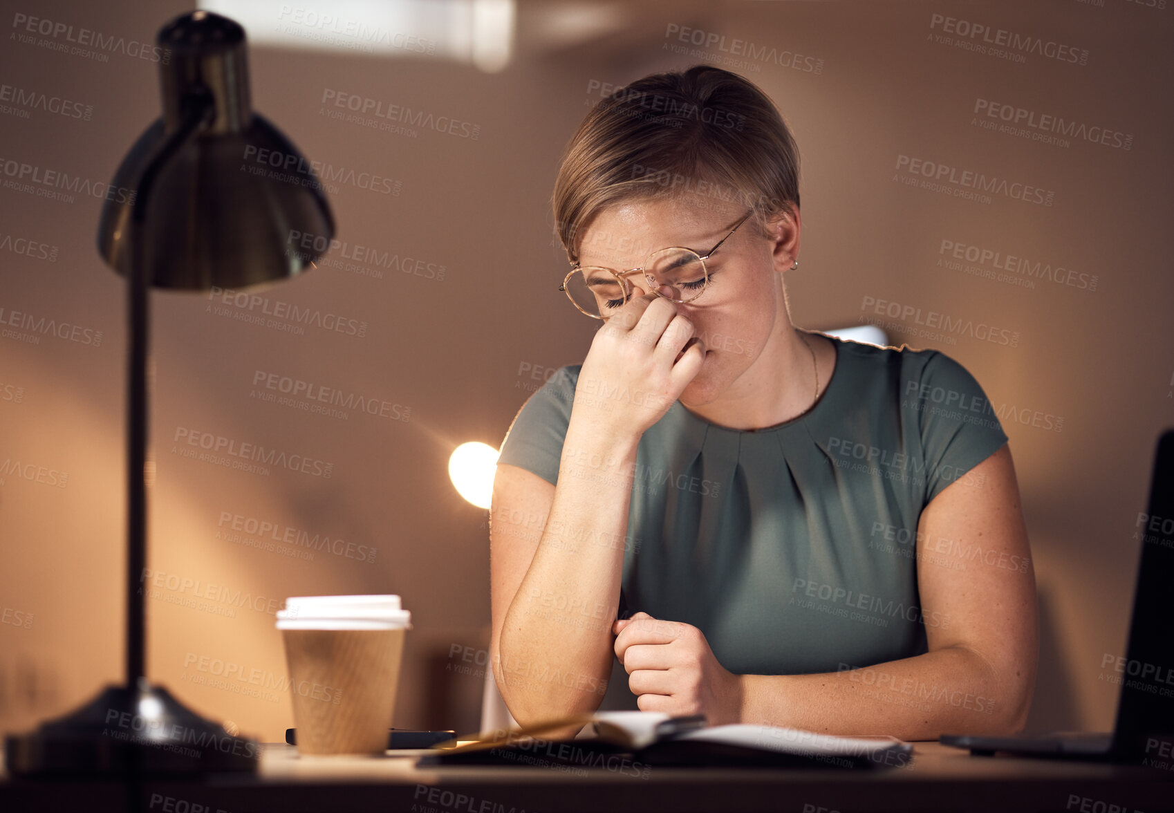 Buy stock photo Eye strain, headache and business woman doing computer work at night with report deadline. Working in dark, anxiety and burnout of a corporate worker with a laptop problem and glitch feeling fatigue