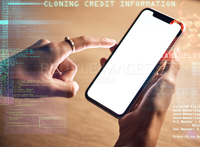 Buy stock photo Woman, hands or phone screen of hacking information, phishing mockup or abstract coding overlay in night office. Zoom, programmer or developer on mobile technology, virus software or 3d fintech risk