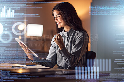 Buy stock photo Success, woman or tablet coding overlay in night office of data analytics, chart achievement or winner goals. Smile, happy or cheering corporate on hologram technology for infographic business growth