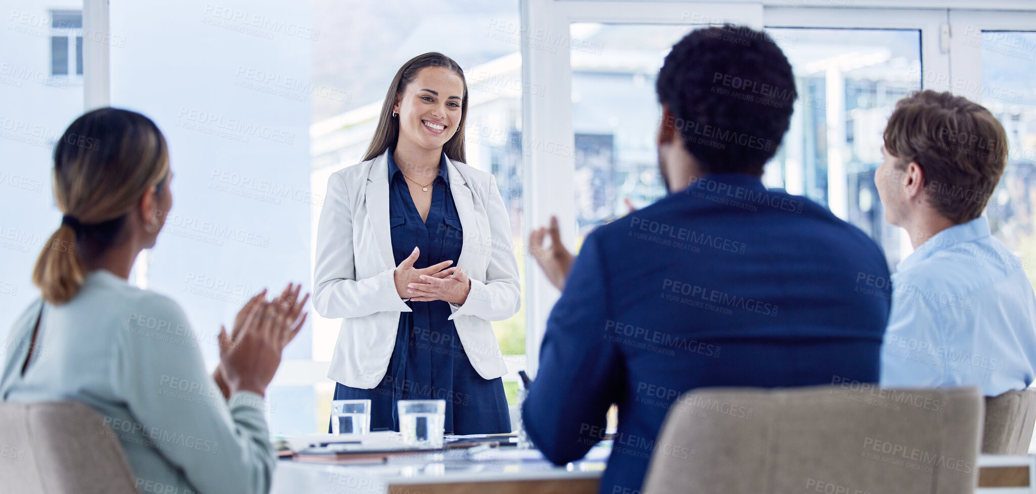 Buy stock photo Business people, presentation in meeting with applause and speaker, support and team work, diversity in conference room. Collaboration, leadership and motivation with happy group, success and pride