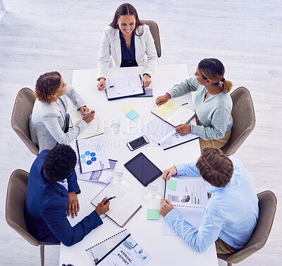 Buy stock photo Teamwork, top view and business people in meeting with documents, paperwork and annual report. Collaboration, office and group of workers with infographics, financial review and graphs for planning