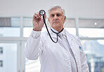 Doctor, stethoscope or cardiology man in hospital trust, healthcare wellness or life insurance support. Mature, medical or listening equipment for clinic worker, surgery expert or lungs professional