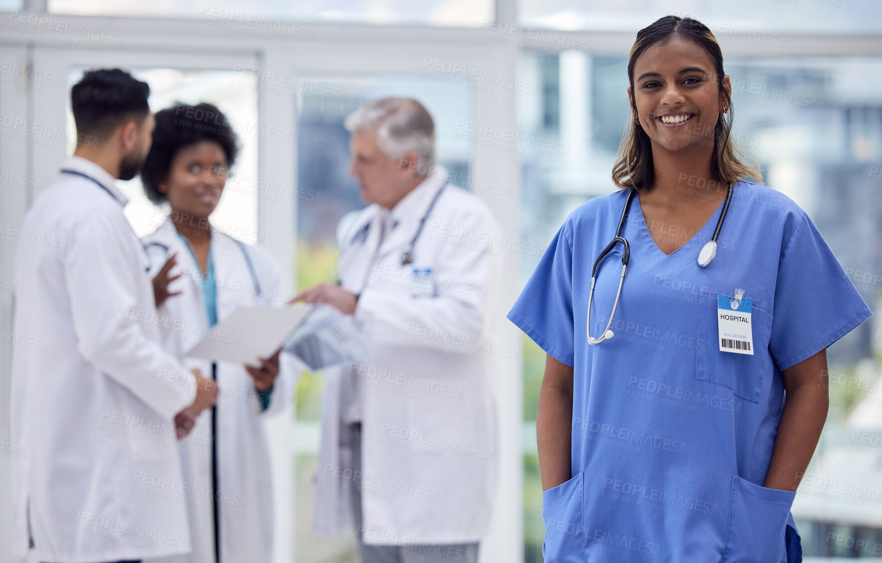 Buy stock photo Woman, portrait or nurse in hospital internship, about us or medical collaboration for medicine treatment, trust or life insurance. Smile, happy or healthcare worker and doctors diversity in teamwork