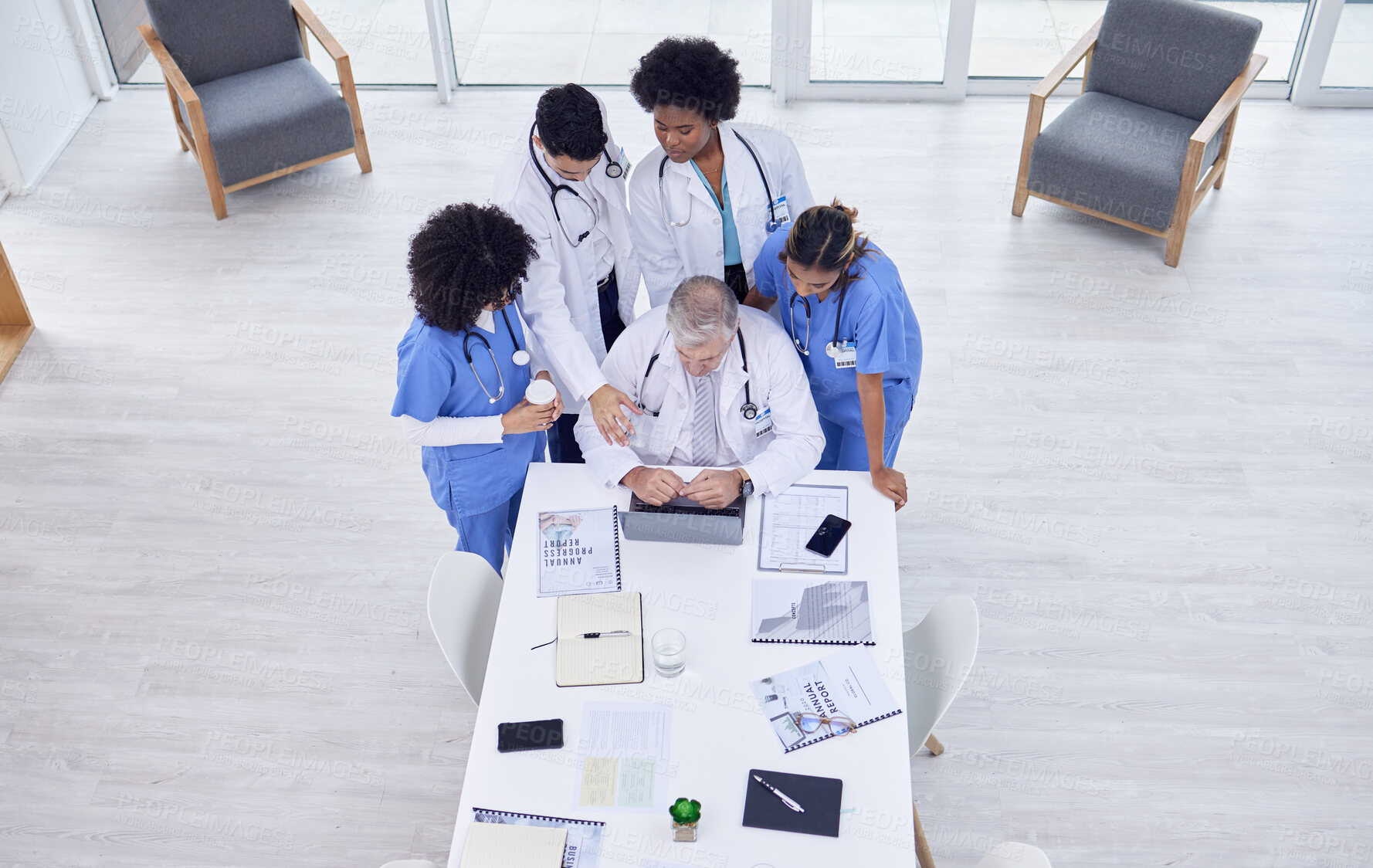 Buy stock photo Top view, doctors and nurses on teamwork laptop for training, learning or workshop of medicine or hospital collaboration. Planning, men and healthcare diversity women on meeting technology research