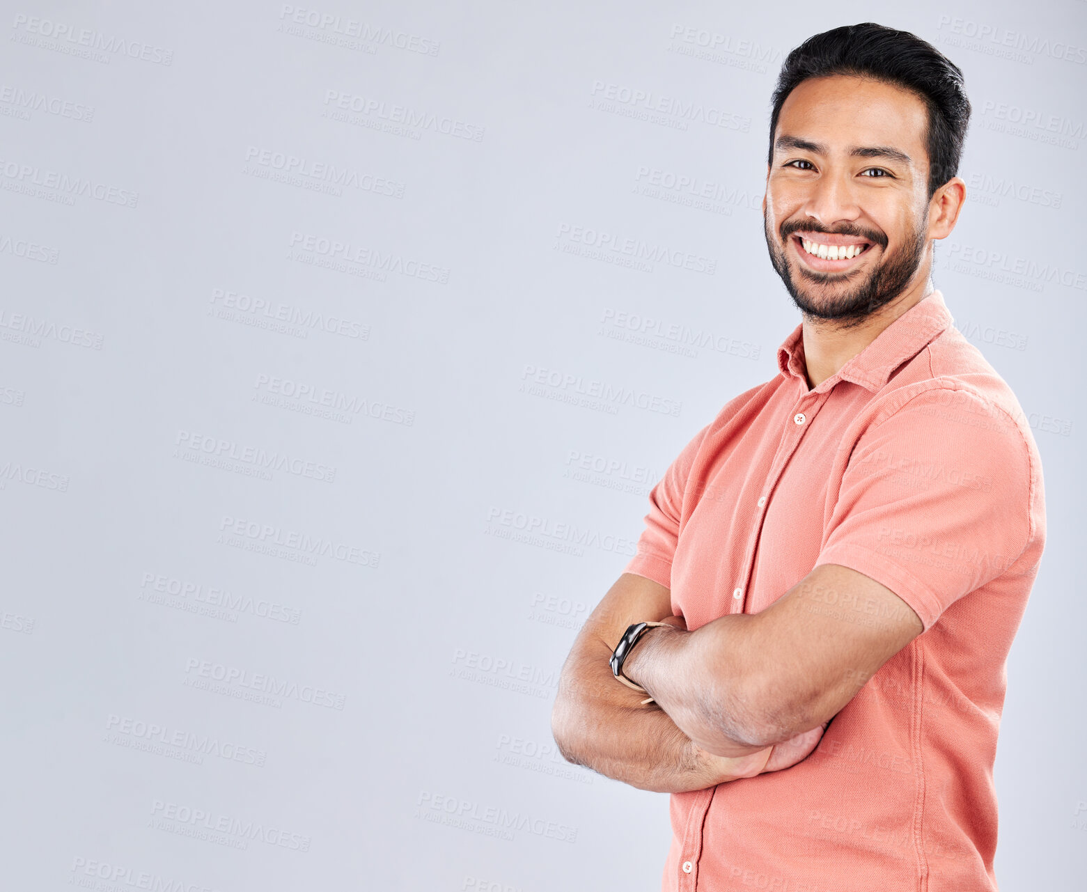 Buy stock photo Portrait, mock up and a man in studio, crossed arms standing on a gray background for branding or product placement. Marketing, advertising and mockup with a handsome young male posing on blank space