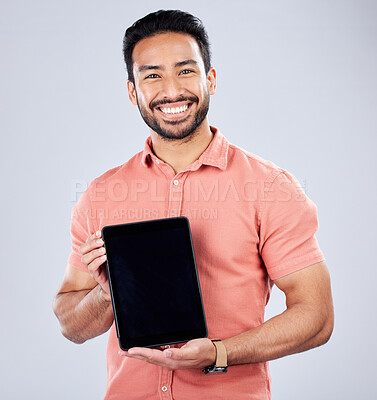 Buy stock photo Asian man, portrait or tablet screen on isolated studio background on finance mockup, fintech mock up or loan product placement. Smile, happy or freelance trader on technology, stock market or deal