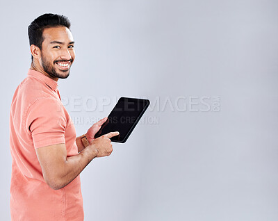 Buy stock photo Asian man, portrait or tablet screen on isolated background on finance app mockup, fintech mock up or loan product placement. Smile, happy or freelance trader on technology, stock market or trading