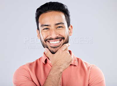 Buy stock photo Face portrait and smile of Asian man in studio isolated on a gray background. Proud boss, professional and happy male entrepreneur from Singapore with career pride, confidence or success mindset.