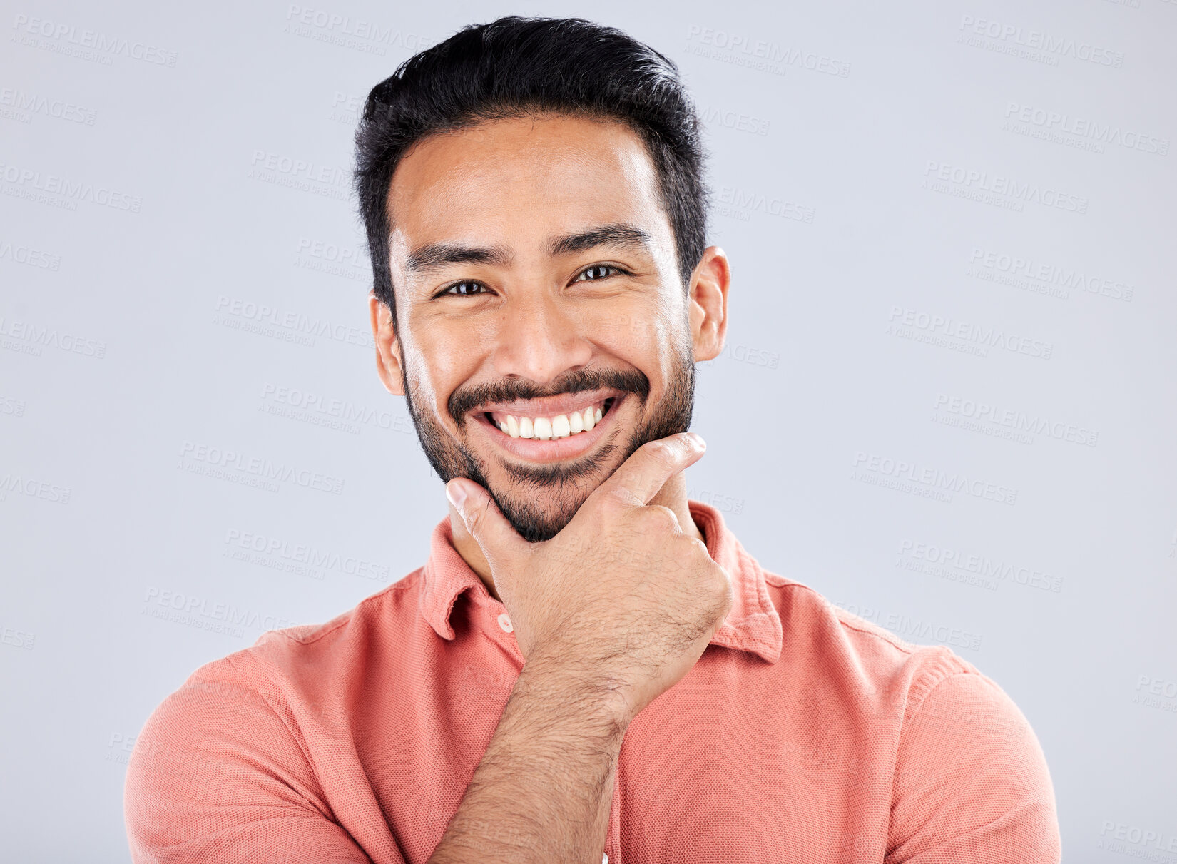 Buy stock photo Face portrait and smile of Asian man in studio isolated on a gray background. Proud boss, professional and happy male entrepreneur from Singapore with career pride, confidence or success mindset.