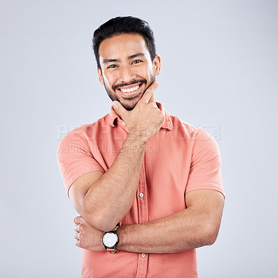 Buy stock photo Portrait, business smile and Asian man in studio isolated on a gray background. Proud boss, professional and happy male entrepreneur from Singapore with career pride, confidence or success mindset.