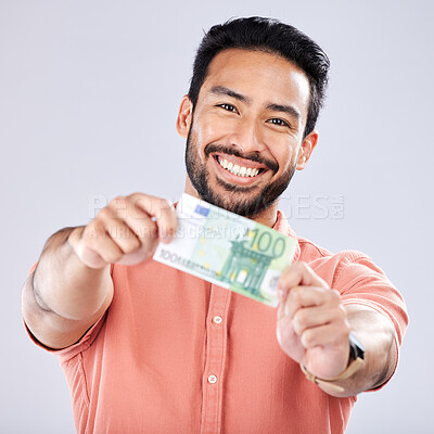 Buy stock photo Asian man, portrait or showing money on isolated background in financial freedom, stock market profit or investment. Smile, happy or winner cash on studio for finance success, savings or trade growth