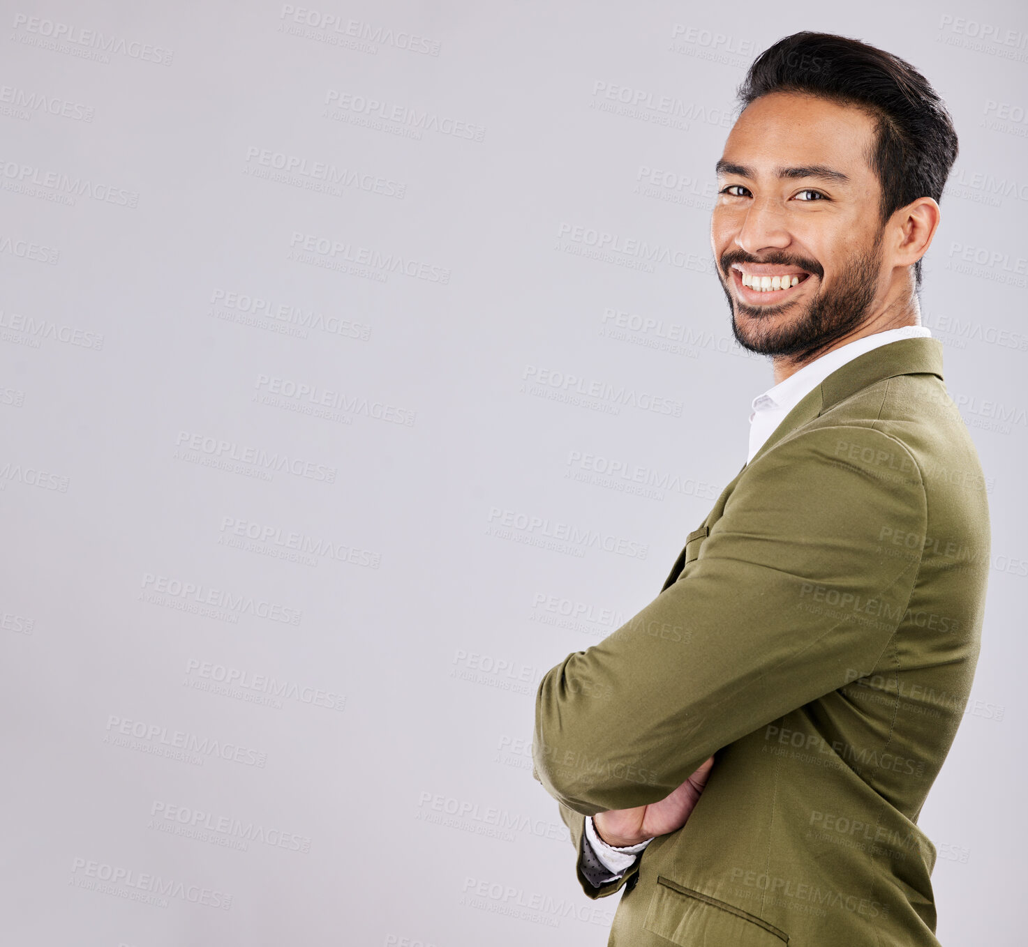 Buy stock photo Mockup, smile and portrait of business man on white background for success mindset, leadership and confident. Corporate fashion, ceo and male with copy space, product placement and happy in studio