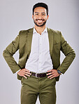 Business, smile and portrait of Asian man in studio isolated on a gray background. Ceo, boss and happy male professional or entrepreneur from Japan with career pride, confidence and success mindset.