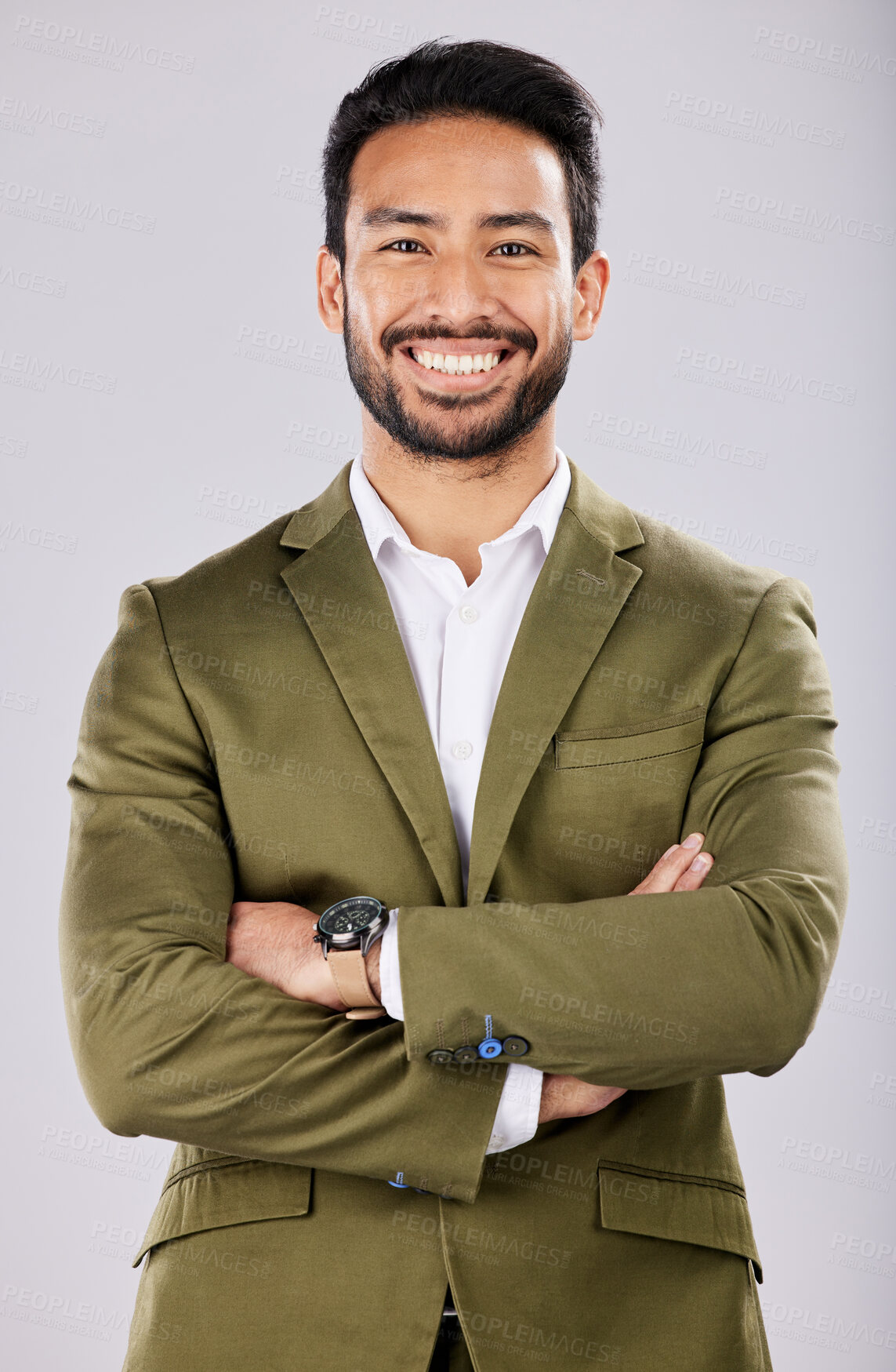 Buy stock photo Leadership, smile and portrait of business man on white background for success, power mindset and confidence. Corporate fashion, ceo and happy male with crossed arms in professional clothes in studio