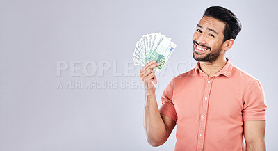 Buy stock photo Asian man, portrait and money fan on isolated background for financial freedom, stock market profit or investment. Smile, happy and trader cash on studio mockup for finance success, savings or growth