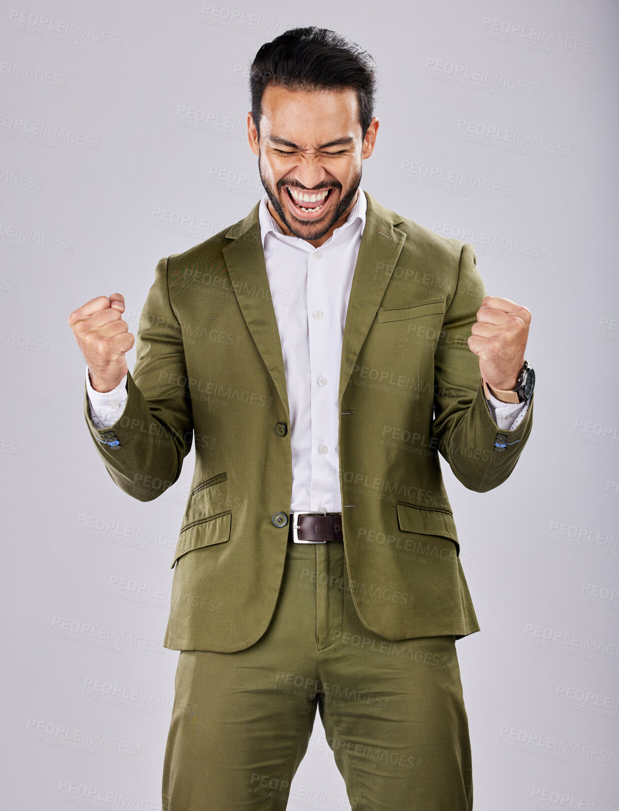 Buy stock photo Asian man, success or fist on isolated studio background in financial growth, stock market deal or future finance security. Smile, happy or cheering businessman in winner hands, profit or opportunity