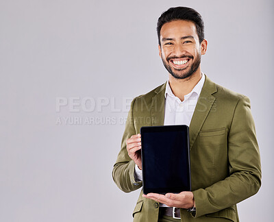 Buy stock photo Asian man, portrait or showing tablet screen on isolated studio background for finance mockup, fintech logo or product placement. Smile, happy or businessman on technology, stock market or loan deal