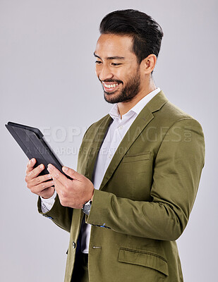 Buy stock photo Asian man, search or digital tablet on isolated studio background for finance app, fintech investment or insurance budget. Smile, happy or businessman on technology for stock market or savings growth