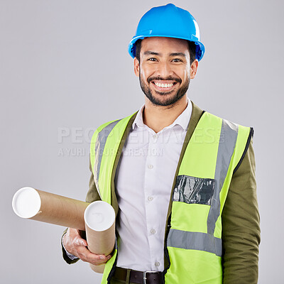 Buy stock photo Portrait, engineering or happy man in studio with blueprint or smile planning a real estate building. Designer, architecture or contractor with vision of renovation business in project management