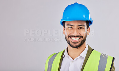 Buy stock photo Portrait, civil engineering or contractor in studio with smile after planning a real estate building construction. Designer, architecture or happy man with vision of renovation in project management