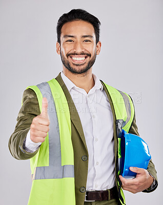 Buy stock photo Portrait, civil engineering or happy man in studio with thumbs up, smile or real estate building success. Winning designer, architecture or contractor project management goals, agreement or like sign