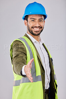 Buy stock photo Portrait, engineering or contractor shaking hands in deal, collaboration meeting or startup project partnership. B2b, happy architect or handshake for sales goals, bonus target or agreement in studio