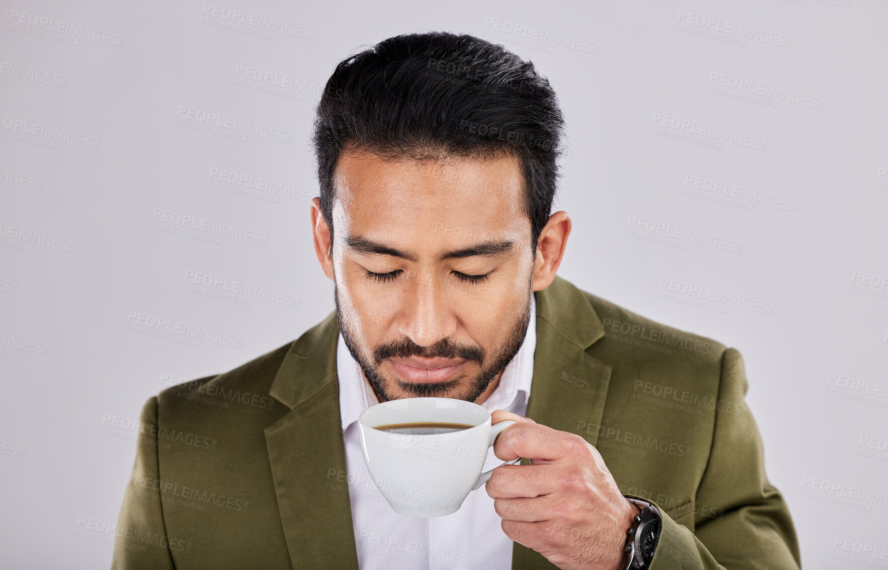 Buy stock photo Coffee, smell and man in studio drink for energy, caffeine boost and relaxing for cafe breakfast. Happiness, aroma scent and calm male with latte, cappuccino and beverage in cup on white background