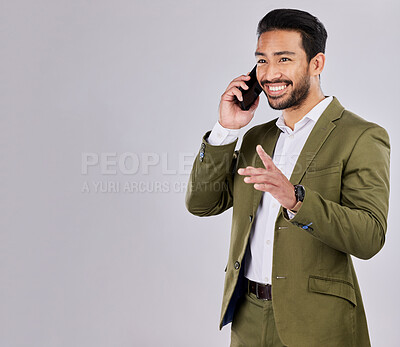 Buy stock photo Asian businessman, phone call or networking on isolated studio background for financial deal, investment mockup or negotiation idea. Happy, talking or corporate man on mobile communication technology