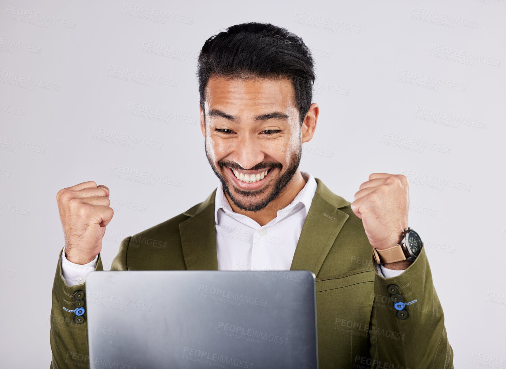 Buy stock photo Asian businessman, laptop or success fist on isolated studio background for financial growth, stock market deal or future security. Smile, happy or cheering man with winner hands, technology or loan