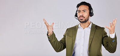 Buy stock photo Confused, question and frustrated man call center agent angry isolated against a studio grey background and stress. Employee, ask and rude customer service worker or consultant annoyed at work