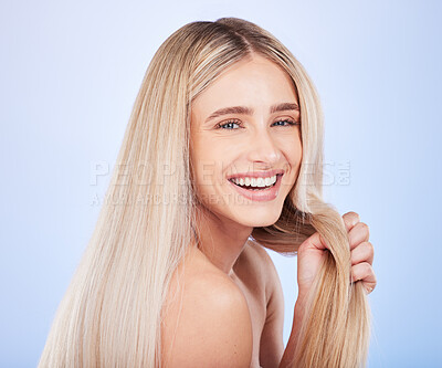 Buy stock photo Portrait face, hair care and beauty of woman in studio isolated on a blue background. Cosmetics, laughing and happy young female model with salon treatment for hairstyle, blonde balayage and growth.