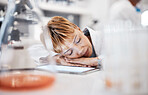 Scientist sleep, tired and overworked with woman and burnout with insomnia from overtime. Medical research, scientific innovation and senior female in science, fatigue and overwhelmed in laboratory