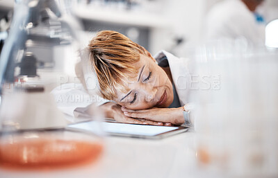 Buy stock photo Scientist sleep, tired and overworked with woman and burnout with insomnia from overtime. Medical research, scientific innovation and senior female in science, fatigue and overwhelmed in laboratory