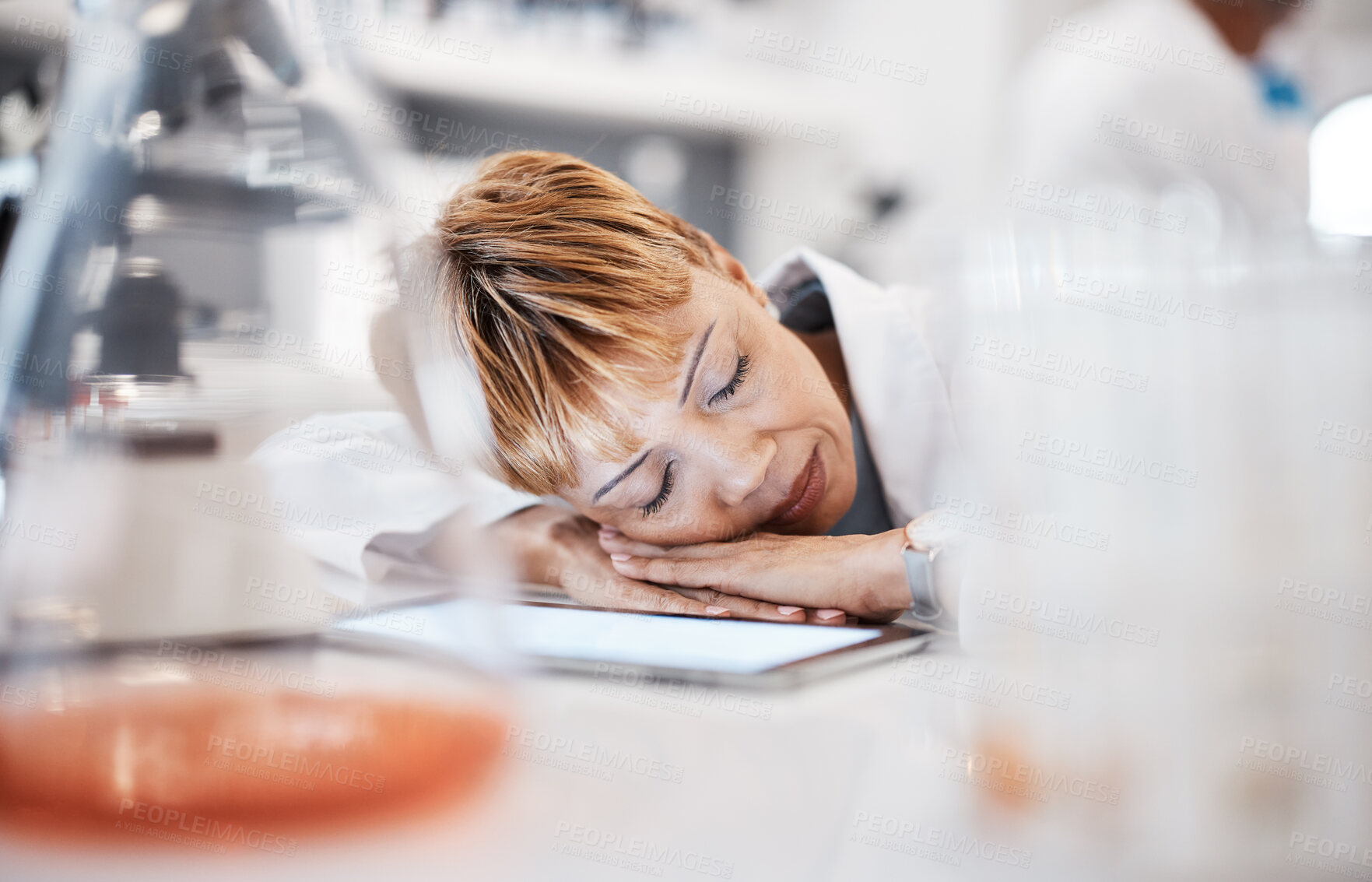 Buy stock photo Scientist sleep, tired and overworked with woman and burnout with insomnia from overtime. Medical research, scientific innovation and senior female in science, fatigue and overwhelmed in laboratory