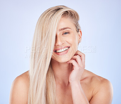 Buy stock photo Portrait, hair care and face beauty of woman in studio isolated on a background. Cosmetics, keratin and happy young female model with salon treatment for long hairstyle, blonde balayage and growth.