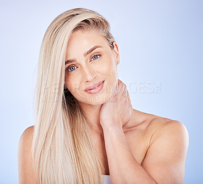 Buy stock photo Hair care, portrait face and beauty of woman in studio isolated on a background. Cosmetics, keratin and happy young female model with salon treatment for long hairstyle, blonde balayage and growth.