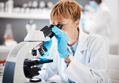 Buy stock photo Medical, microscope and science with black woman in laboratory for experiment, research and pharmacy. Healthcare, medicine and results with expert looking for pathology, test and sample analysis 