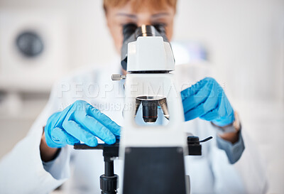 Buy stock photo Laboratory, scientist hands and microscope for research, analysis and to study medicine. Medical science with a woman in lab for future, innovation and biotechnology with dna or bacteria particle