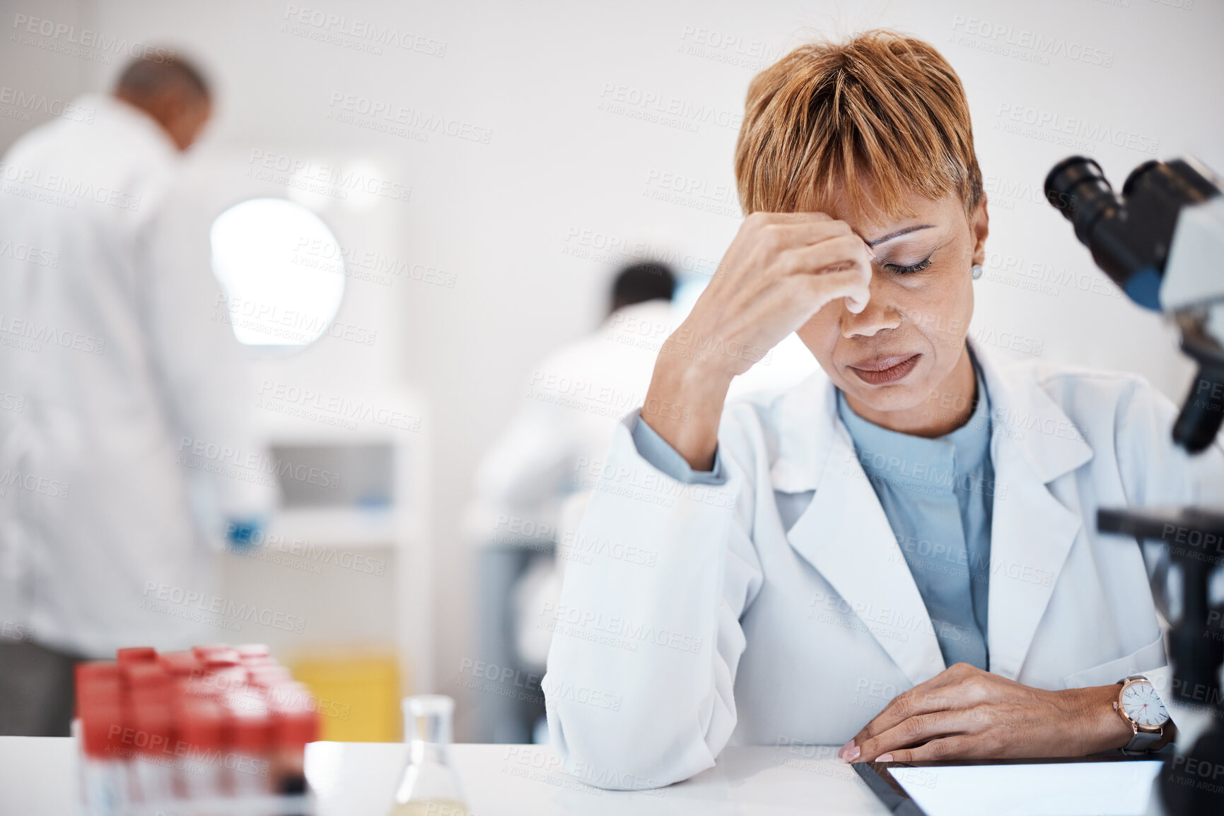 Buy stock photo Scientist with headache, stress and fatigue with woman, overworked with overtime for science breakthrough. Medical research, scientific innovation and senior female, burnout and migraine in lab