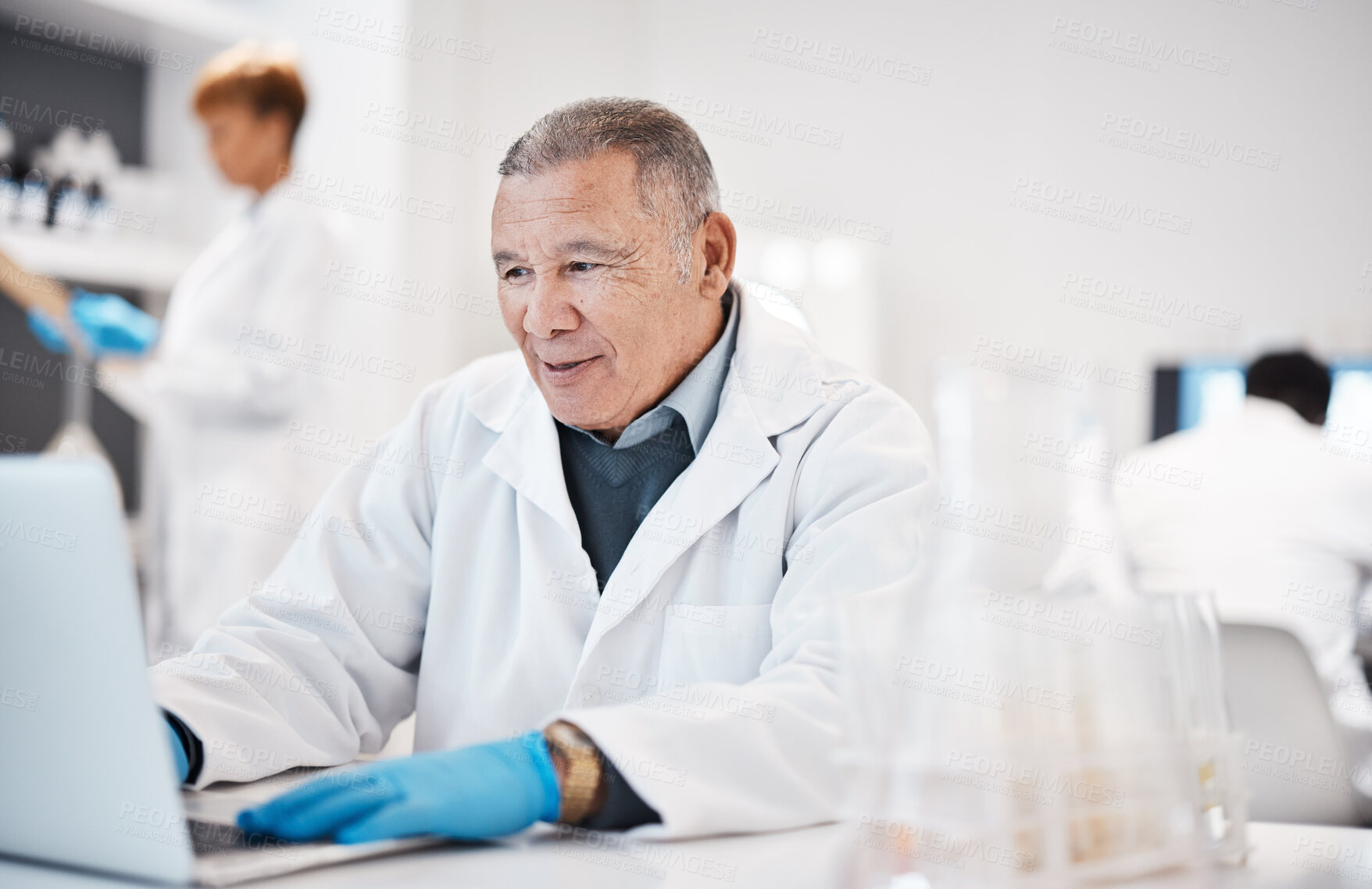 Buy stock photo Man, scientist and typing on laptop in lab, medical research with senior phd doctor and enter experiment results online. Scientific innovation, male in biology and digital record of science test