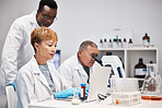 Science, research and woman with laptop in laboratory for experiment, study and medical report. Healthcare team, biotechnology and scientists on computer for data analysis, analytics and results