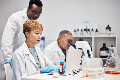 Buy stock photo Science, research and woman with laptop in laboratory for experiment, study and medical report. Healthcare team, biotechnology and scientists on computer for data analysis, analytics and results