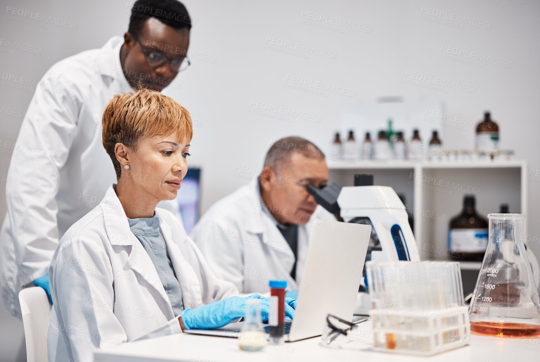 Buy stock photo Science, research and woman with laptop in laboratory for experiment, study and medical report. Healthcare team, biotechnology and scientists on computer for data analysis, analytics and results