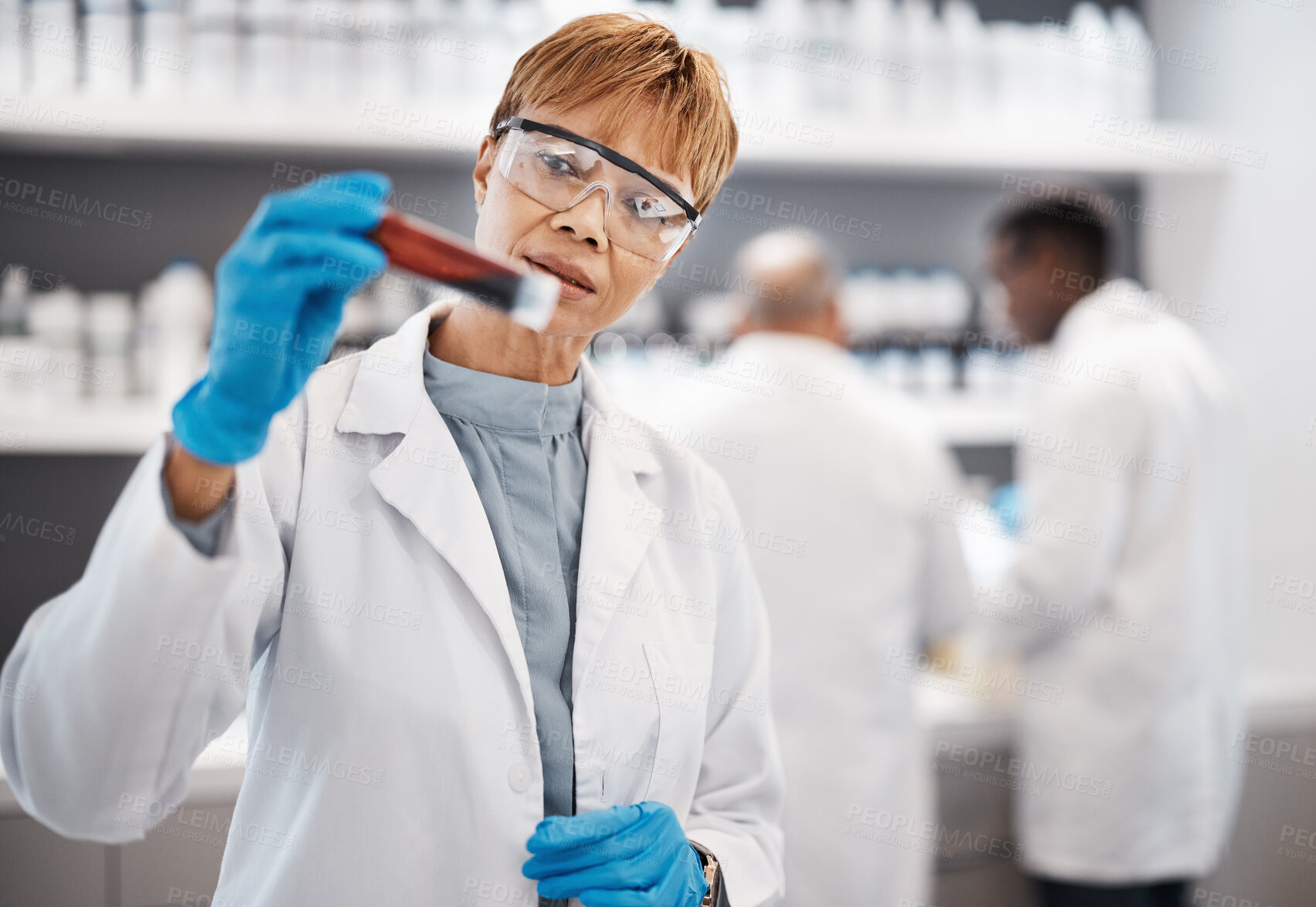 Buy stock photo Blood, science and woman scientist in laboratory with sample for research, medical study and investigation. Healthcare, pharmaceutical and female with vial for dna testing, biology and rna analysis