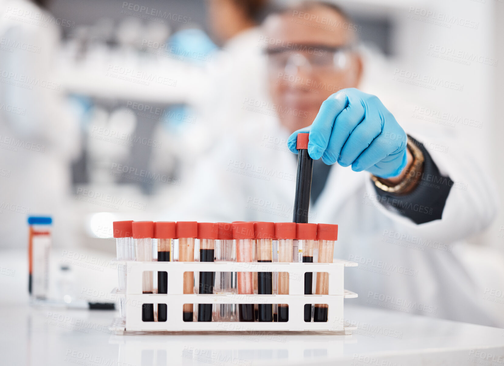 Buy stock photo Blood, research and hands of scientist in laboratory with sample for science, medical study and investigation. Healthcare, pharmaceutical and old man with vial for dna test, biology and rna analysis