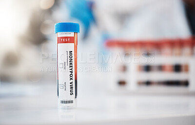 Buy stock photo Healthcare, blood and monkeypox sample in a lab for research, innovation or the development of a cure. Medical, dna and vaccine with a vial of bloodwork in a laboratory for study or examination